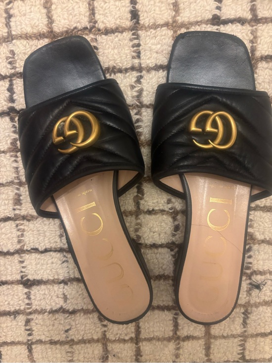 Gucci Shoes - Gucci Black Quilted Leather Slide Sandals with Gold Double G Emblem